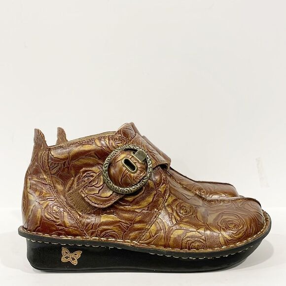 Alegria by PG Lite Shoes Brown Caiti Floral Embossed Leather Ankle Bootie Sz 6 - Picture 7 of 14